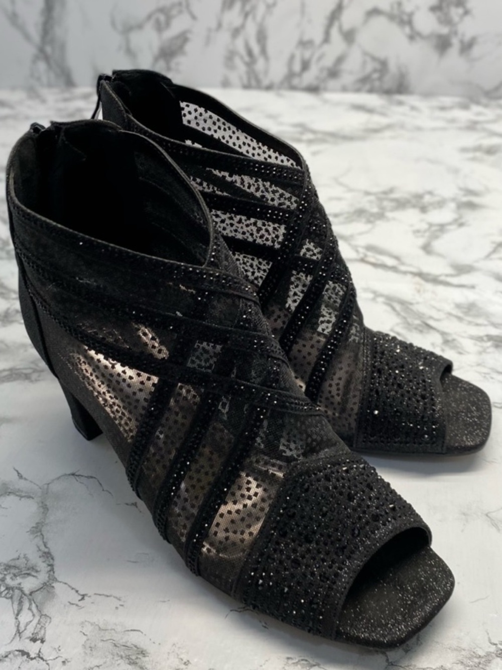 ~Valenti Franco Black Criss Cross Caged Heels w/Sheer Lace Shimmering Details~